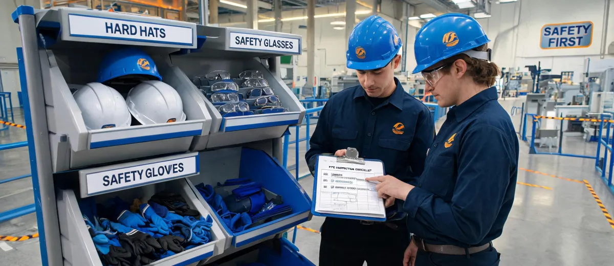 Industrial crew wearing PPE in a production aisle