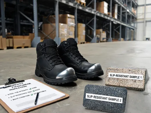 Safety boots in warehouse aisle
