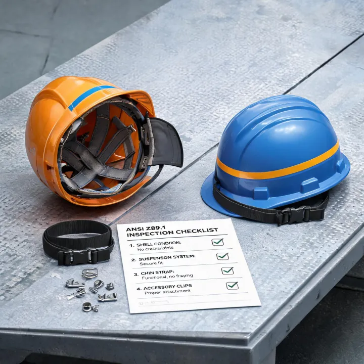 Safety helmets and hard hats on inspection table