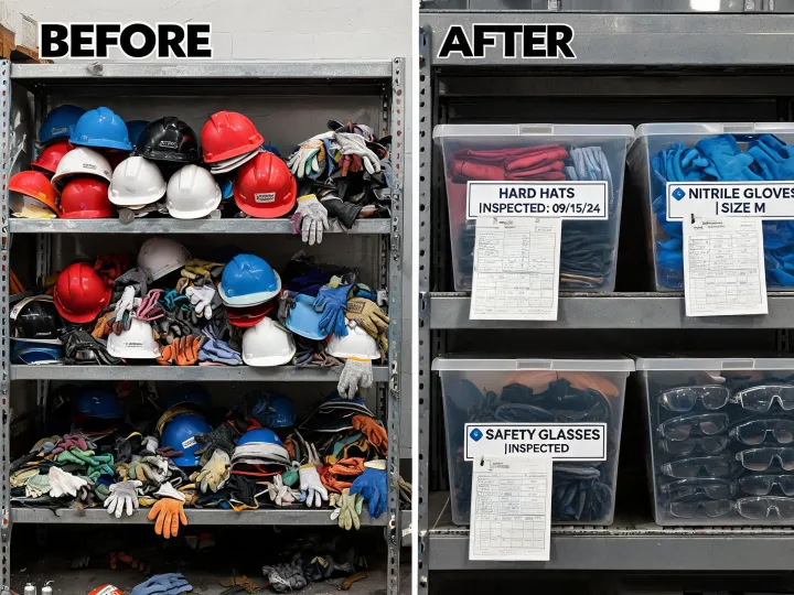 Before and after PPE stockroom organization